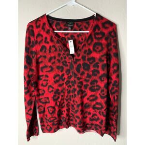 NEW Talbots Sweater Women's Size M Petite Merino Wool Red Leopard Print